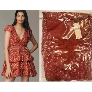 Anthropologie Small Ruffle Mini Dress Red Garnet Metallic Smocked $178 Vacation